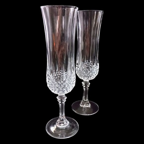 Cristal D Arques Longchamp Champagne Flutes Pair Diamax Crystal Clear France - Picture 11 of 16